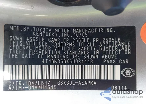 2006 Toyota Avalon Limited z USA, uszkodzony, nr VIN 4T1BK36BX6U084113